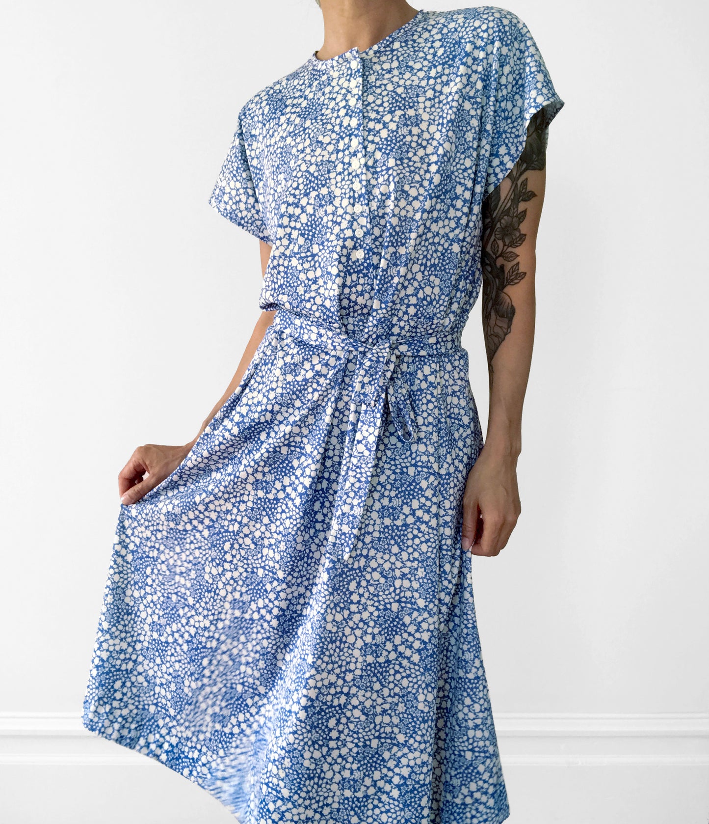 Handmade Blue and White Floral Button-Front Belted Dress