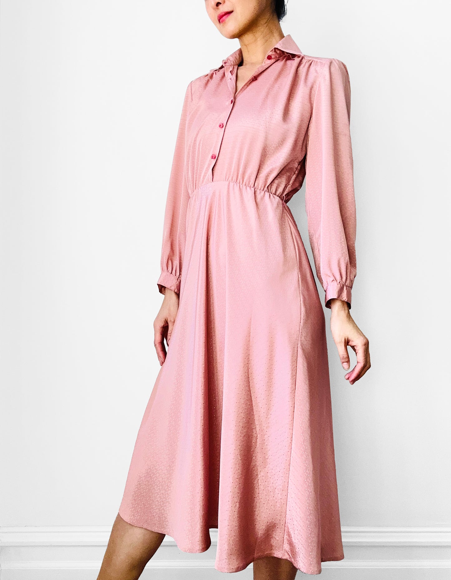 1970s Dusty Rose Tone-On-Tone Patterned Button-Front Long Sleeve Knee-Length Dress - XS/S