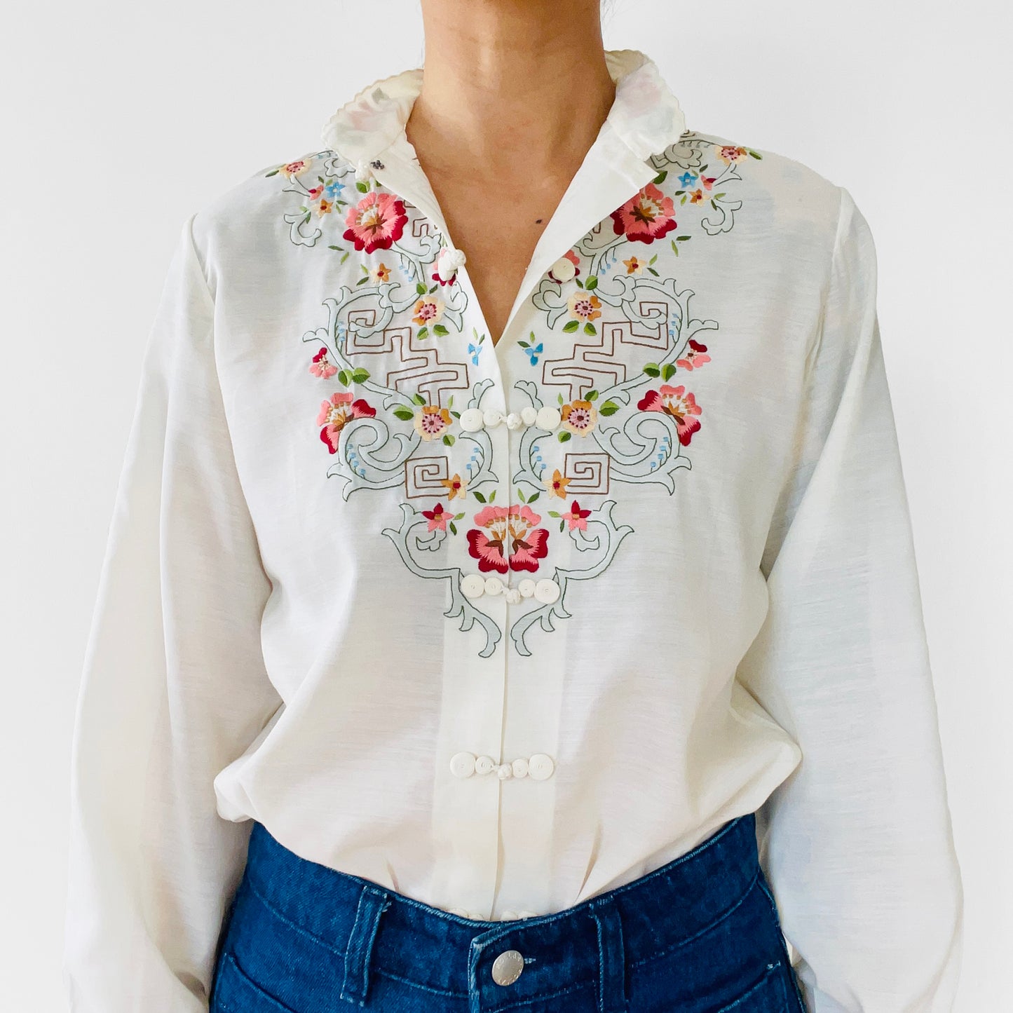 Chinese Floral Embroidered Cotton Mandarin Collar Shirt