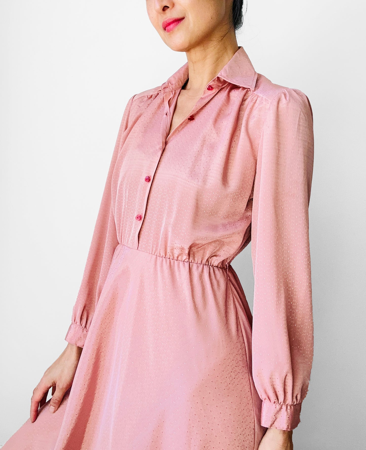 1970s Dusty Rose Tone-On-Tone Patterned Button-Front Long Sleeve Knee-Length Dress - XS/S