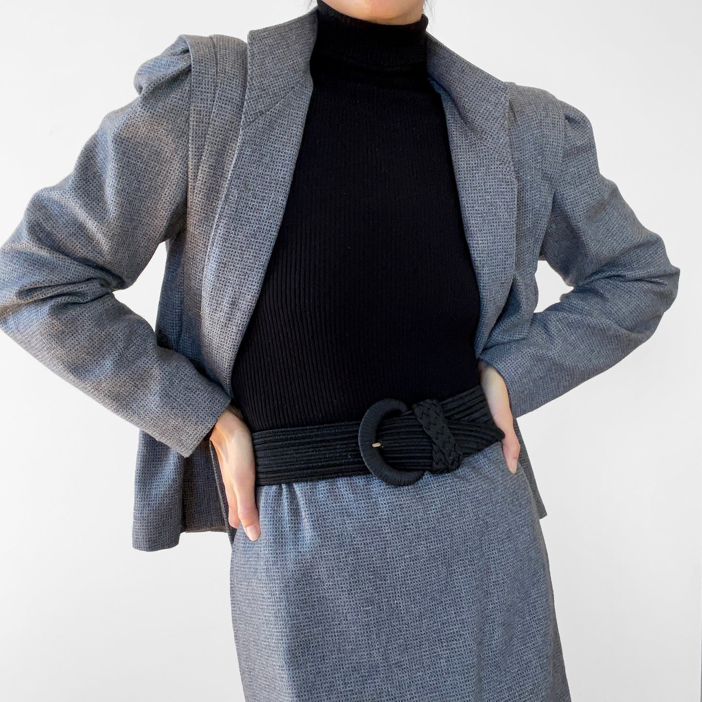 1970s - 1980s Gray Textured Wool Skirt and Jacket Set