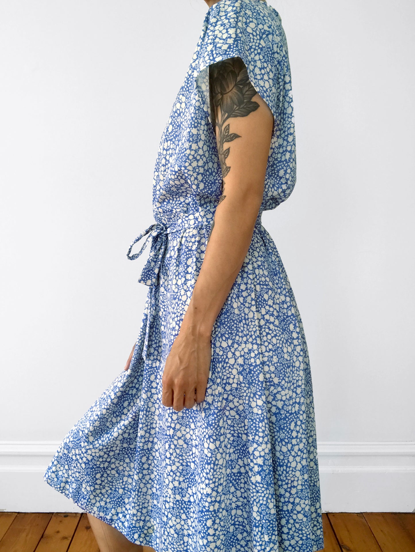 Handmade Blue and White Floral Button-Front Belted Dress