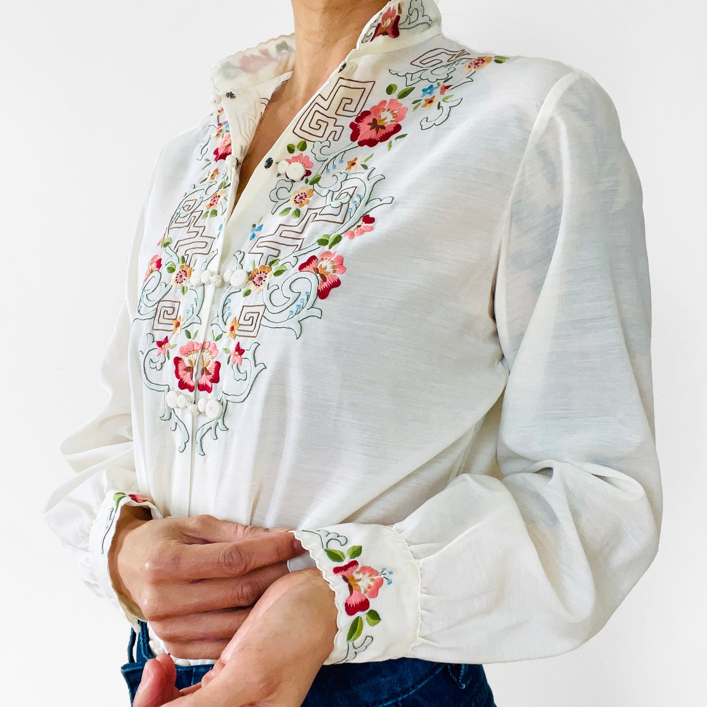 Chinese Floral Embroidered Cotton Mandarin Collar Shirt