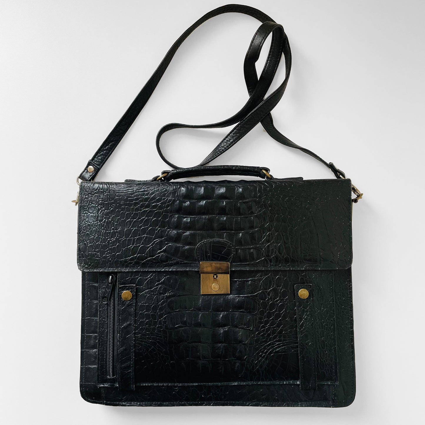 1970s Black Textured Leather Satchel