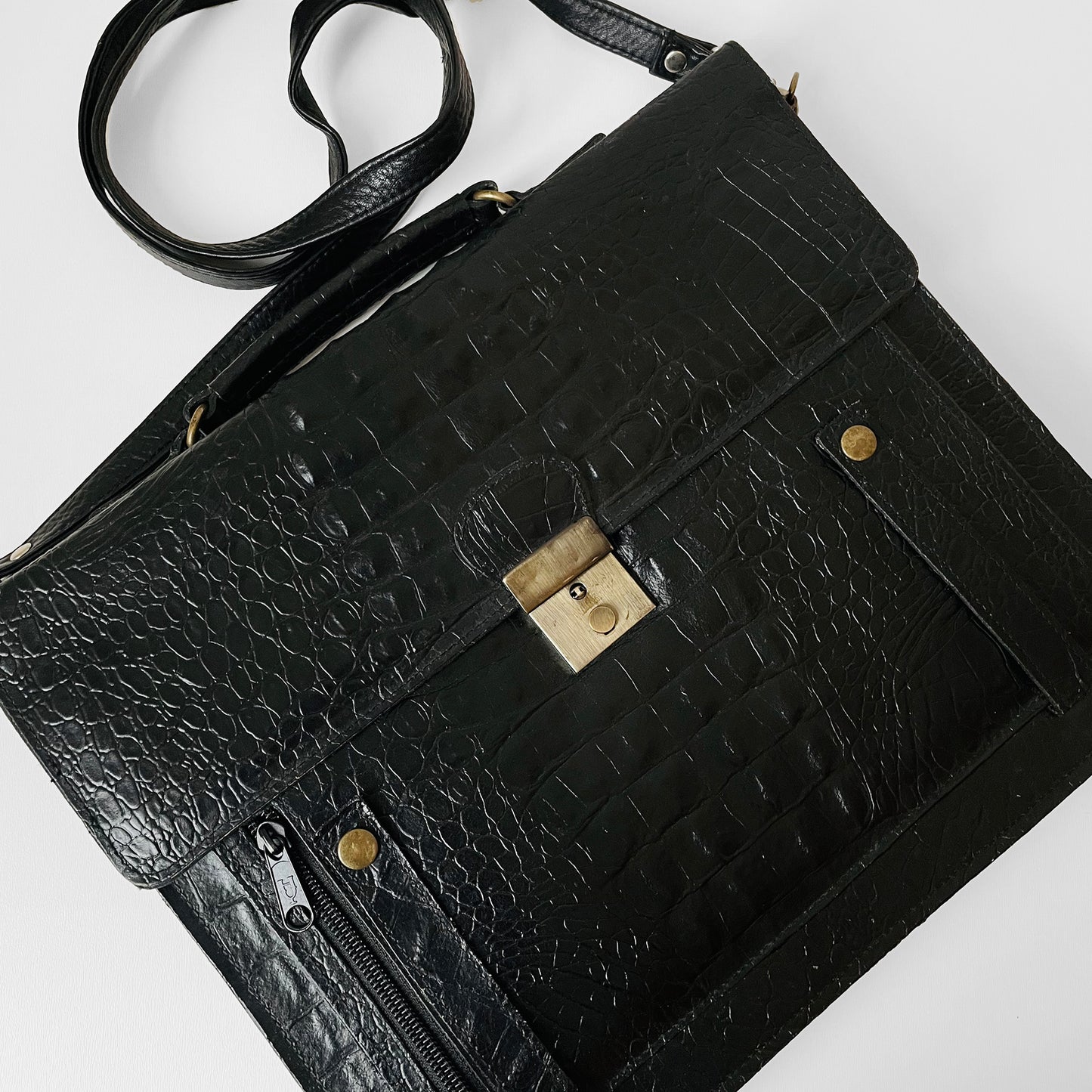 1970s Black Textured Leather Satchel