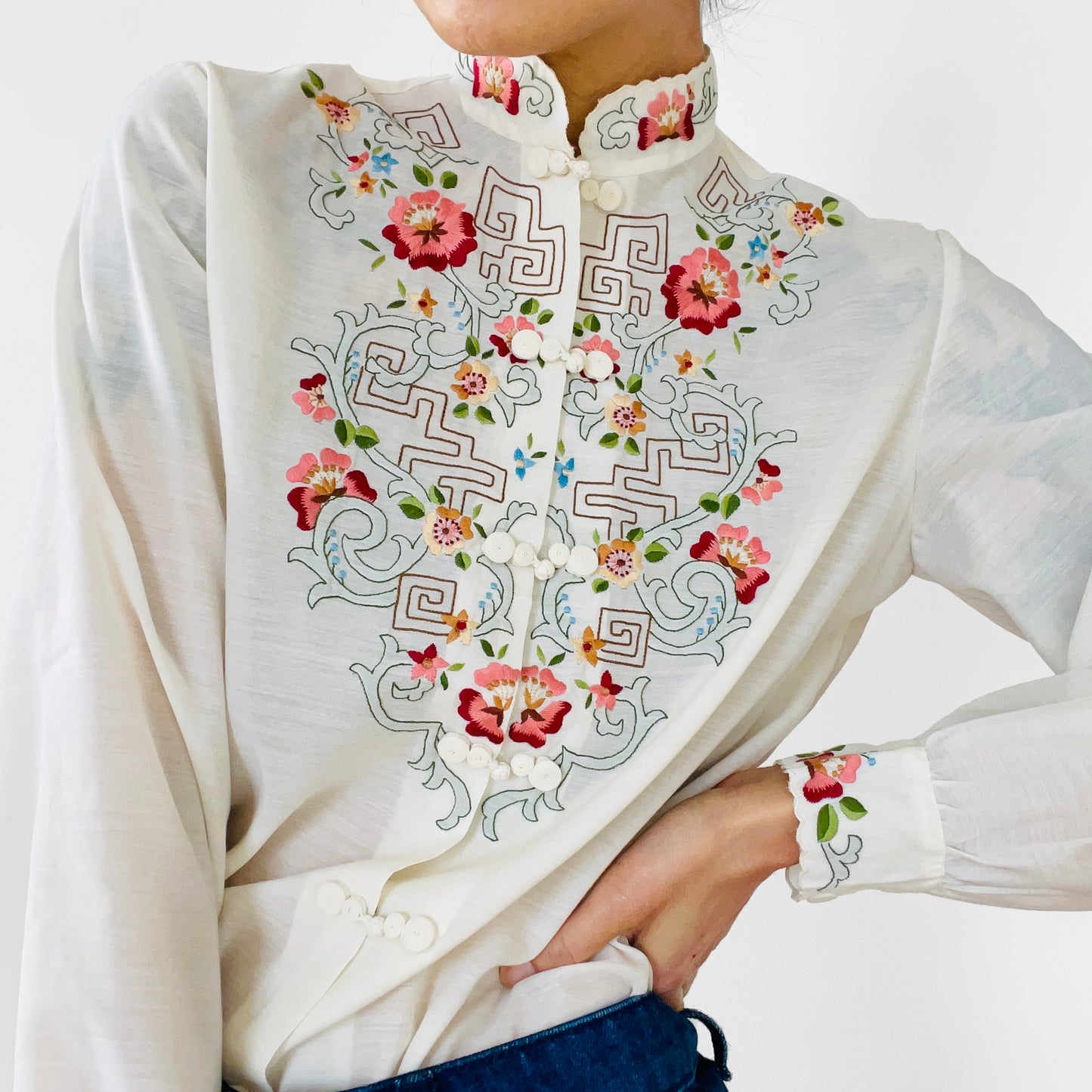 Chinese Floral Embroidered Cotton Mandarin Collar Shirt