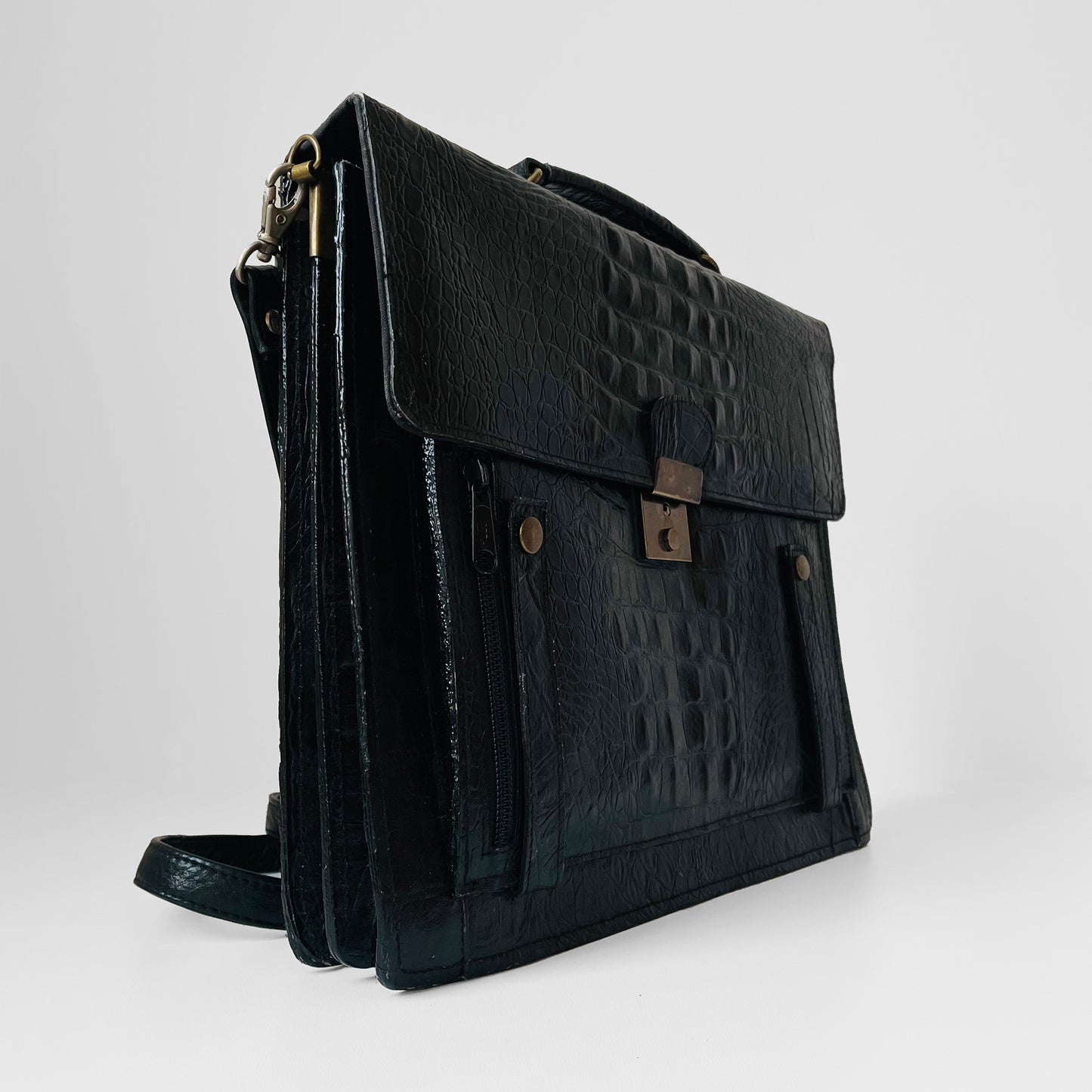 1970s Black Textured Leather Satchel