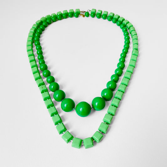 1960s Mid-Century Apple Green Two-Piece Beaded Necklace Set