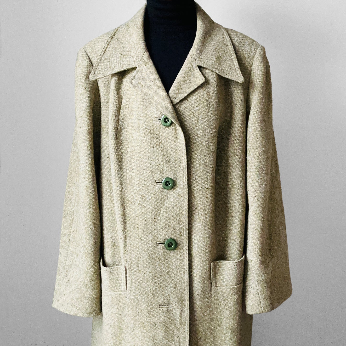 1960s Sage Green Wool Tweed Mid-Weight Overcoat - L/XL