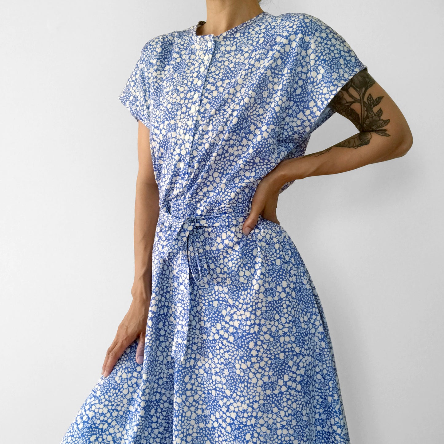 Handmade Blue and White Floral Button-Front Belted Dress