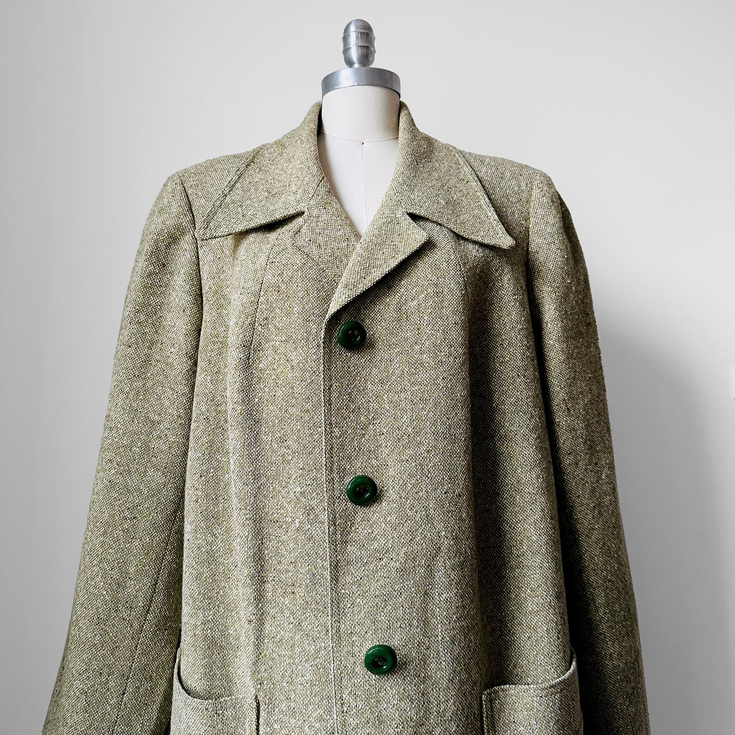 1960s Sage Green Wool Tweed Mid-Weight Overcoat - L/XL