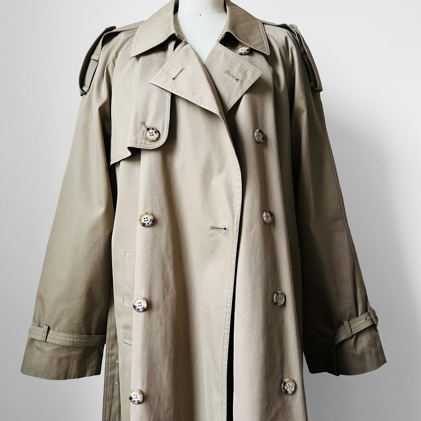 1970s - 1980s Tan Beige YSLR Yves Saint Laurent Double-Breasted Belted Trench Coat - 42/Tall