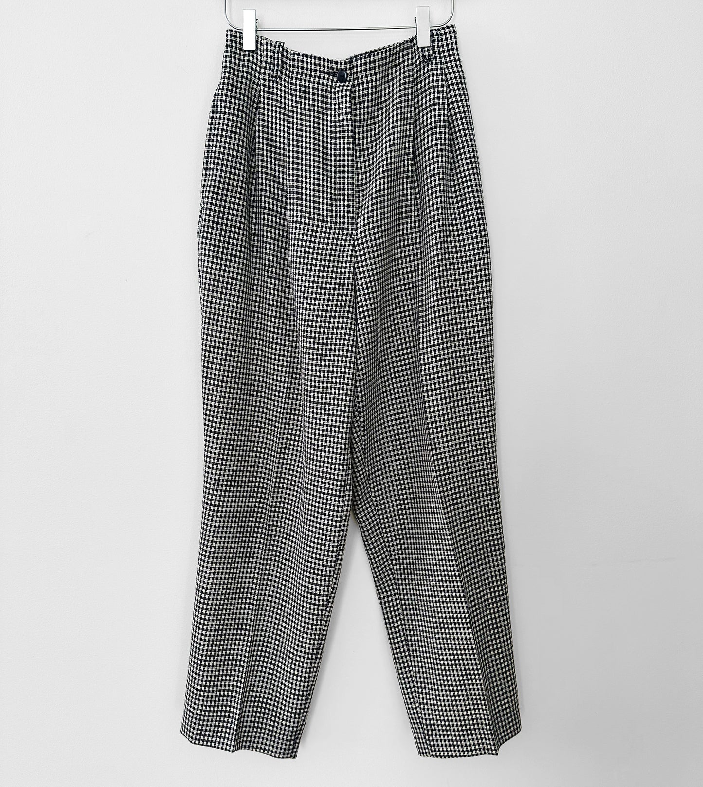 1980s Made in Canada Lightweight Wool Navy and Off-White Gingham Pleated High-Waisted Trousers - Waist 27