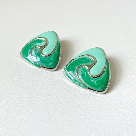 1980s Mid-Century Mint-Green Two-Tone Enamelled Silver-Toned Earrings