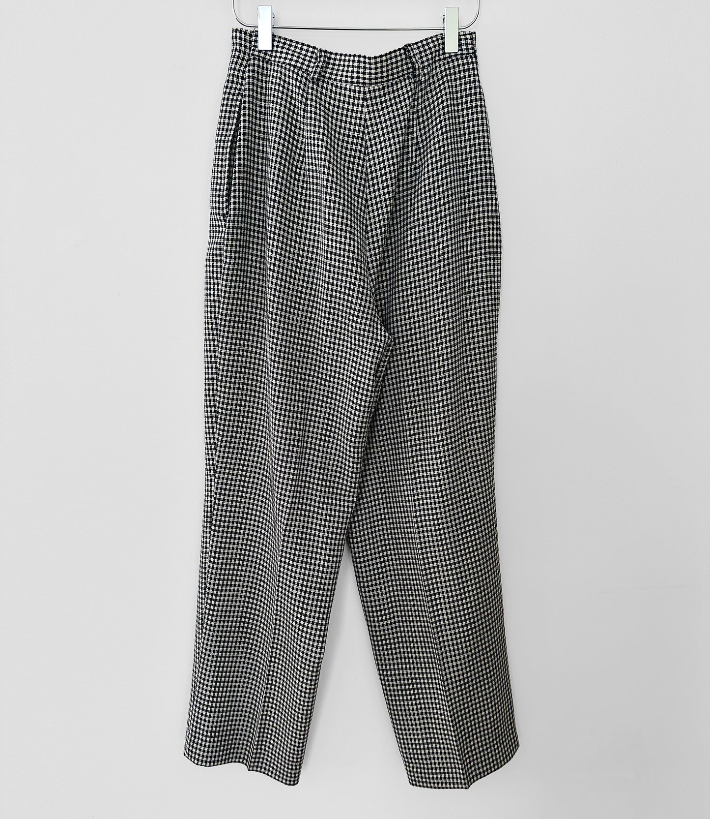 1980s Made in Canada Lightweight Wool Navy and Off-White Gingham Pleated High-Waisted Trousers - Waist 27