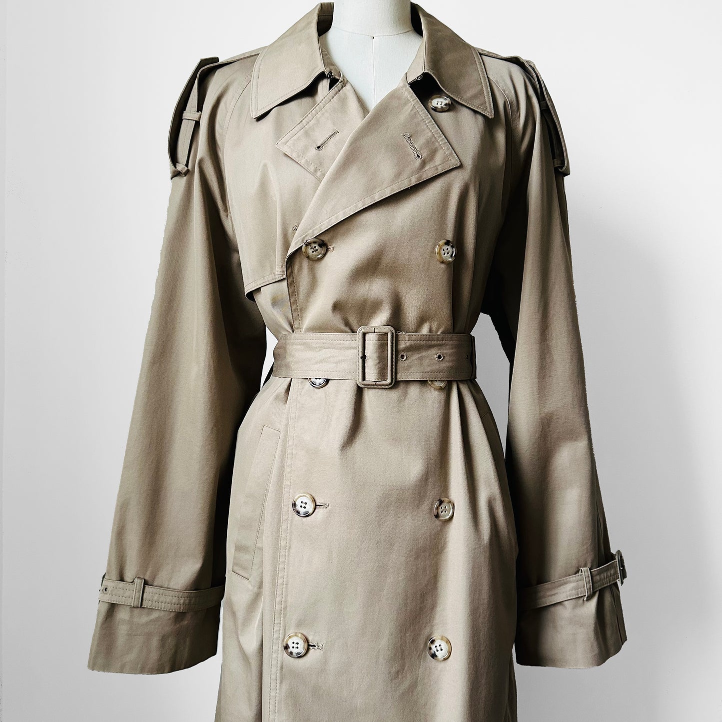 1970s - 1980s Tan Beige YSLR Yves Saint Laurent Double-Breasted Belted Trench Coat - 42/Tall