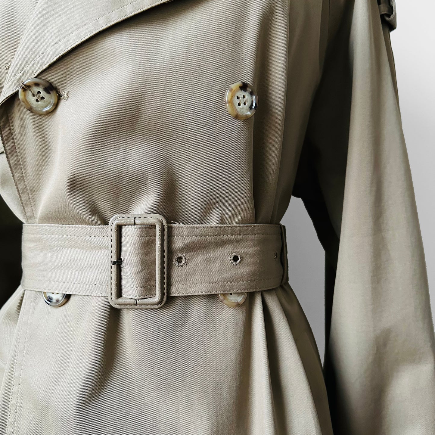 1970s - 1980s Tan Beige YSLR Yves Saint Laurent Double-Breasted Belted Trench Coat - 42/Tall