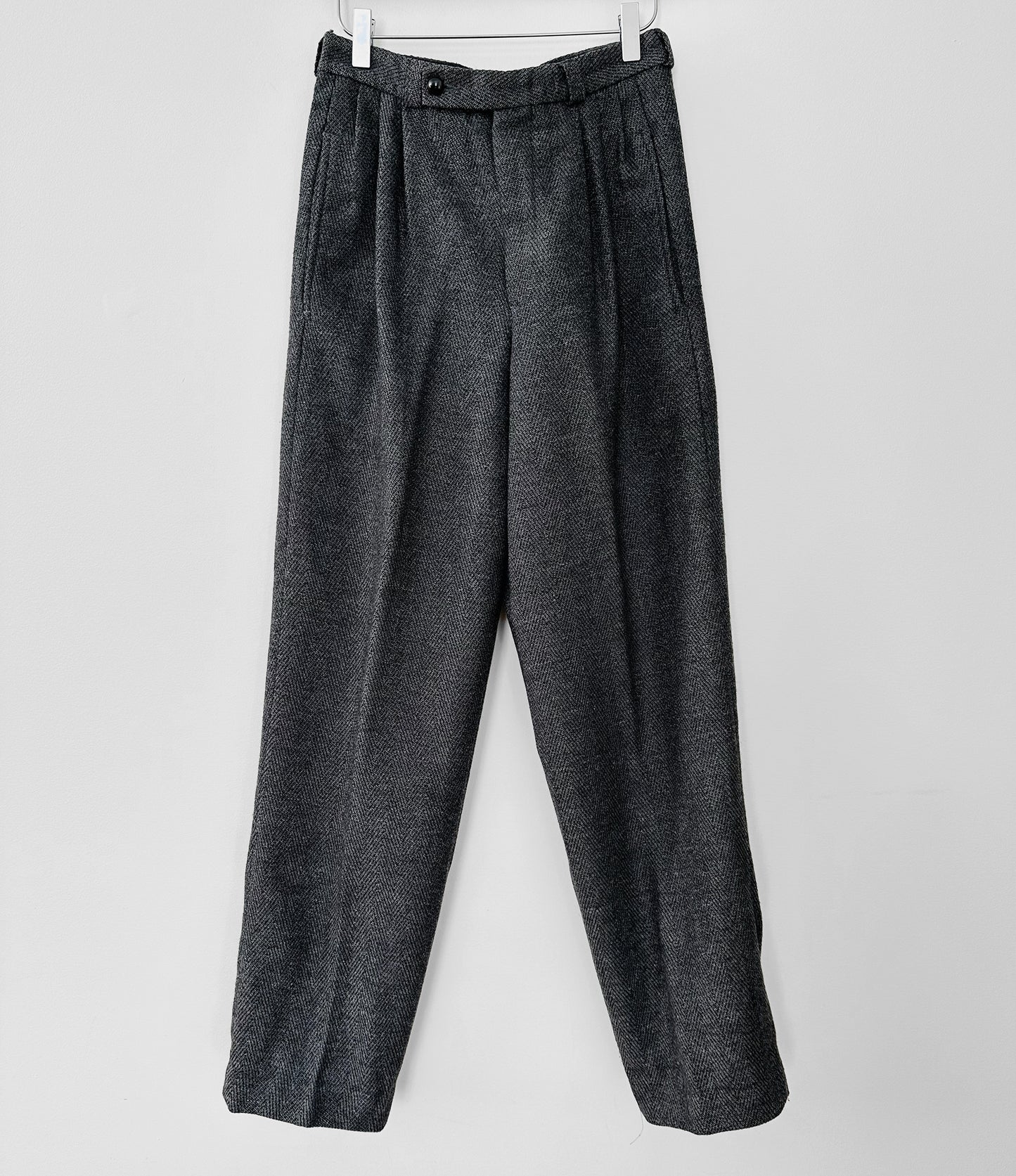 1980s Charcoal Grey Wool Blend Tweed Pleated Waist High-Waisted Trousers - Waist 28