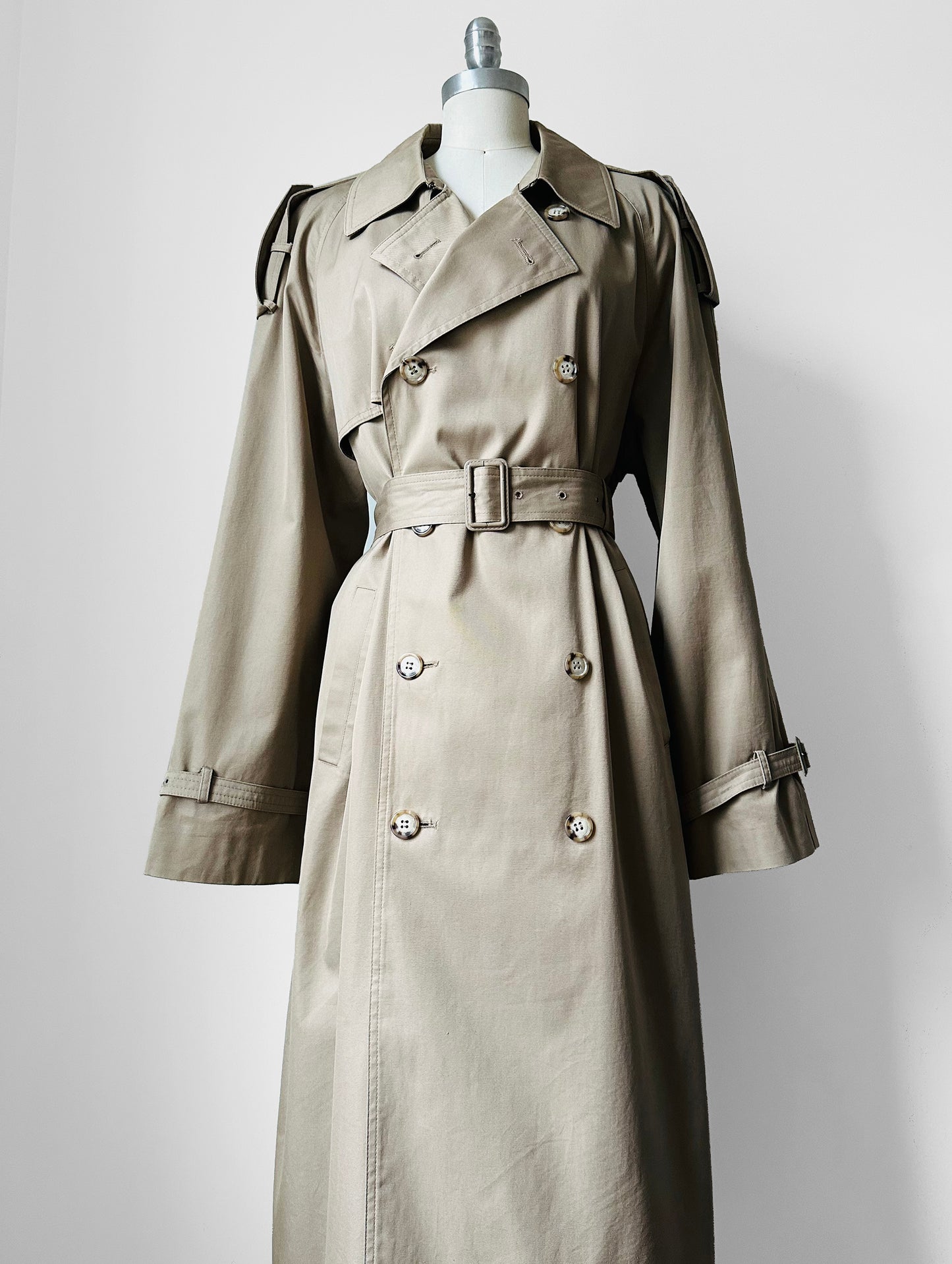 1970s - 1980s Tan Beige YSLR Yves Saint Laurent Double-Breasted Belted Trench Coat - 42/Tall