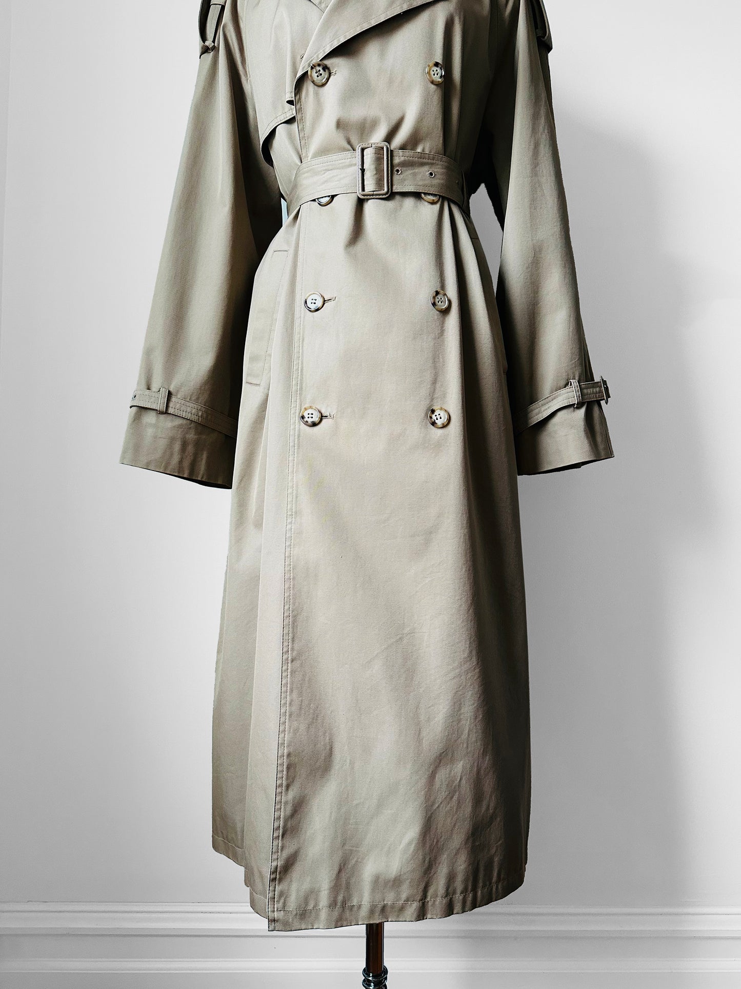 1970s - 1980s Tan Beige YSLR Yves Saint Laurent Double-Breasted Belted Trench Coat - 42/Tall