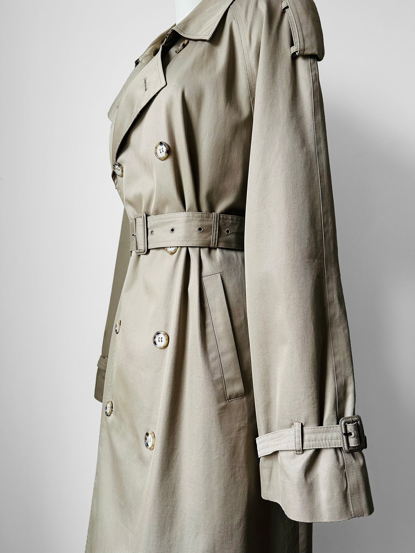 1970s - 1980s Tan Beige YSLR Yves Saint Laurent Double-Breasted Belted Trench Coat - 42/Tall