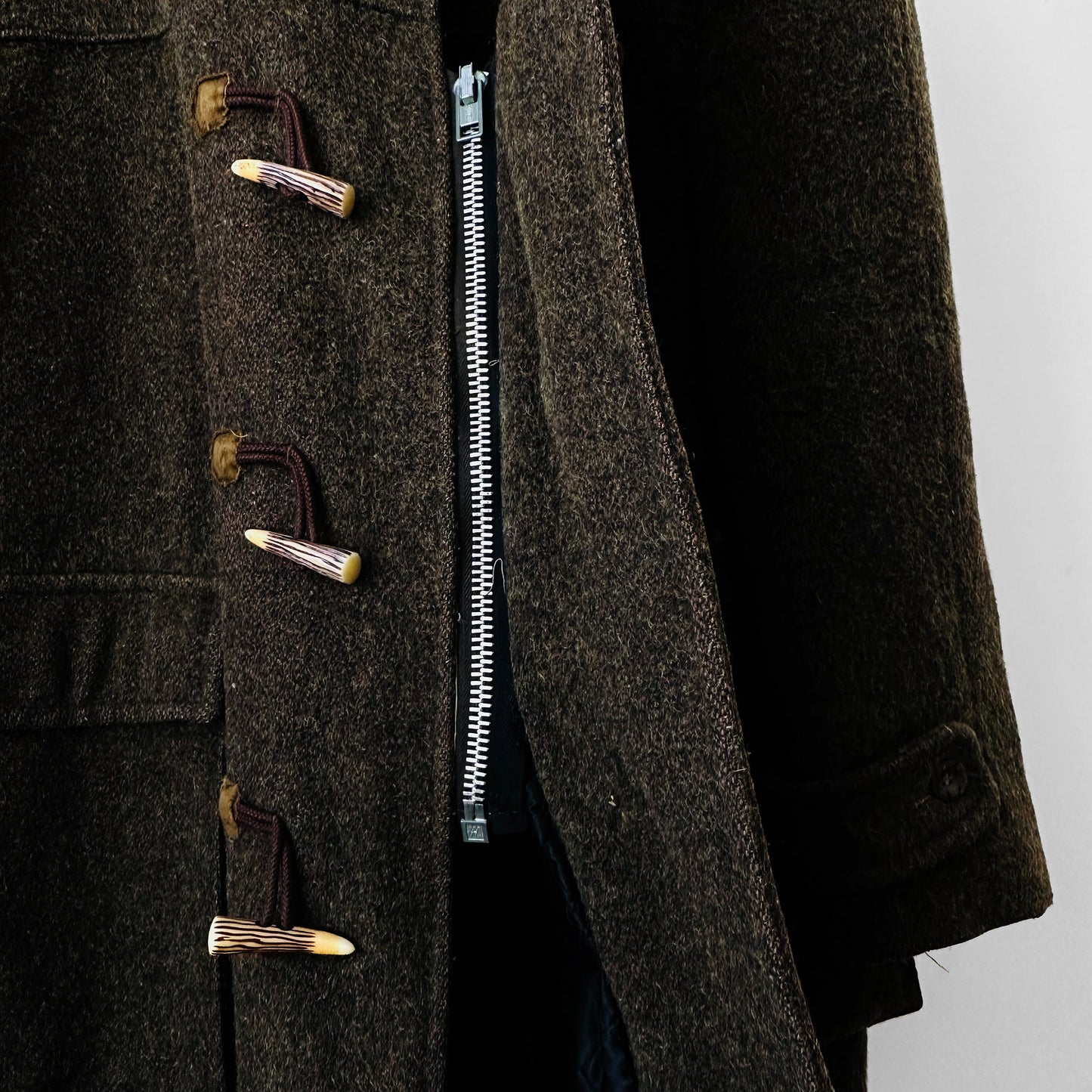 Olive Brown Heavy Wool Zip Front Toggle Button Hooded Faux Fur Quilted Lined Jacket - Sz.40