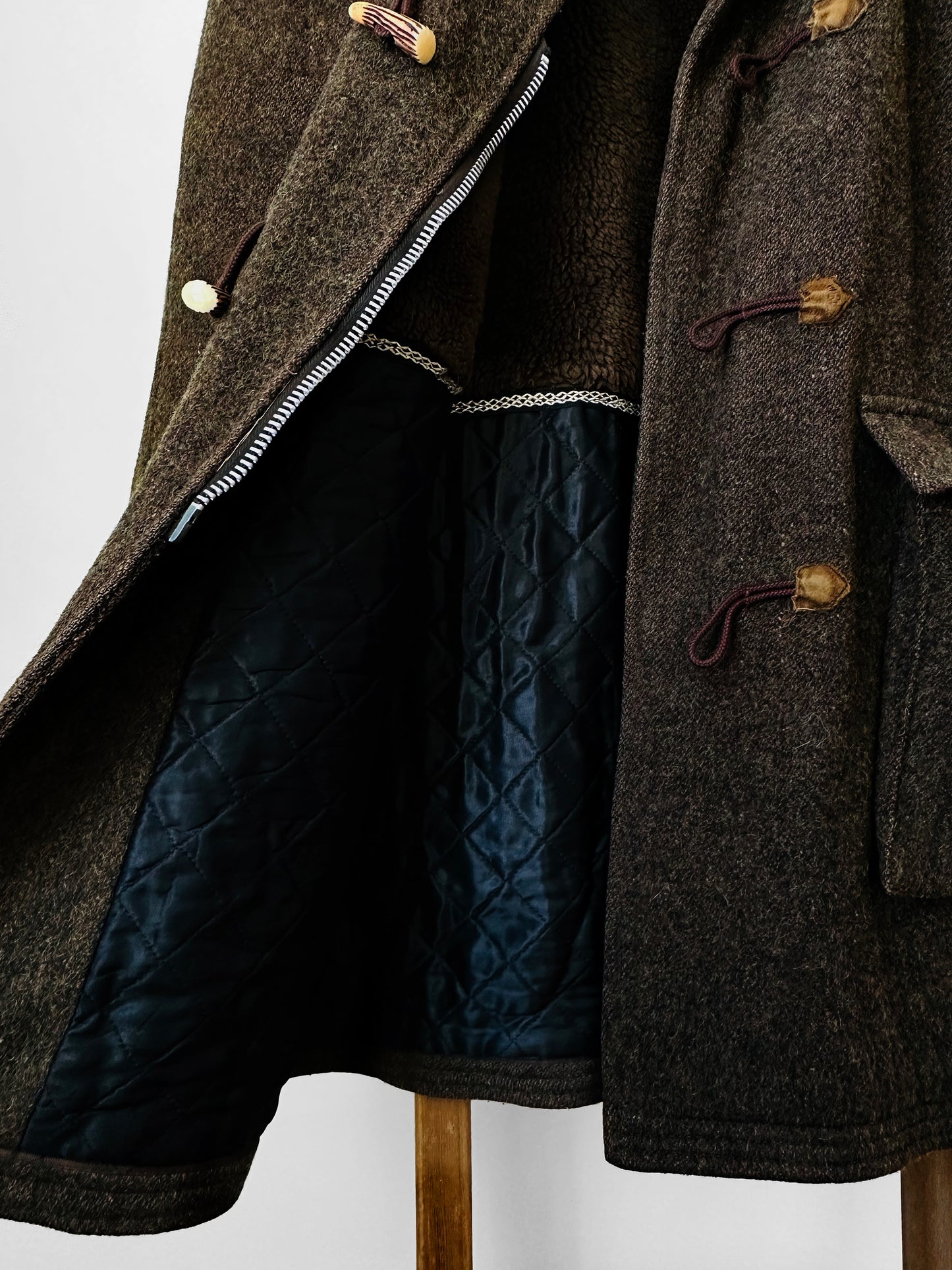 Olive Brown Heavy Wool Zip Front Toggle Button Hooded Faux Fur Quilted Lined Jacket - Sz.40