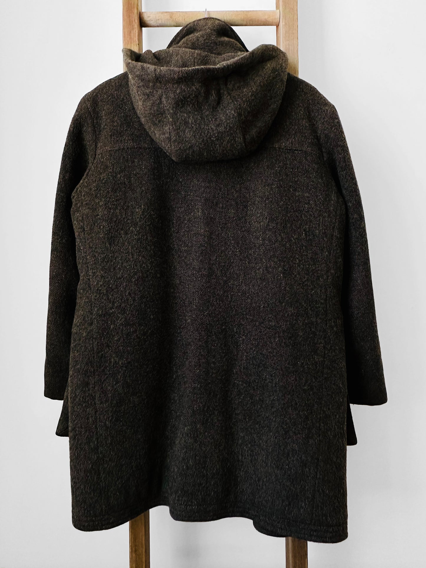 Olive Brown Heavy Wool Zip Front Toggle Button Hooded Faux Fur Quilted Lined Jacket - Sz.40