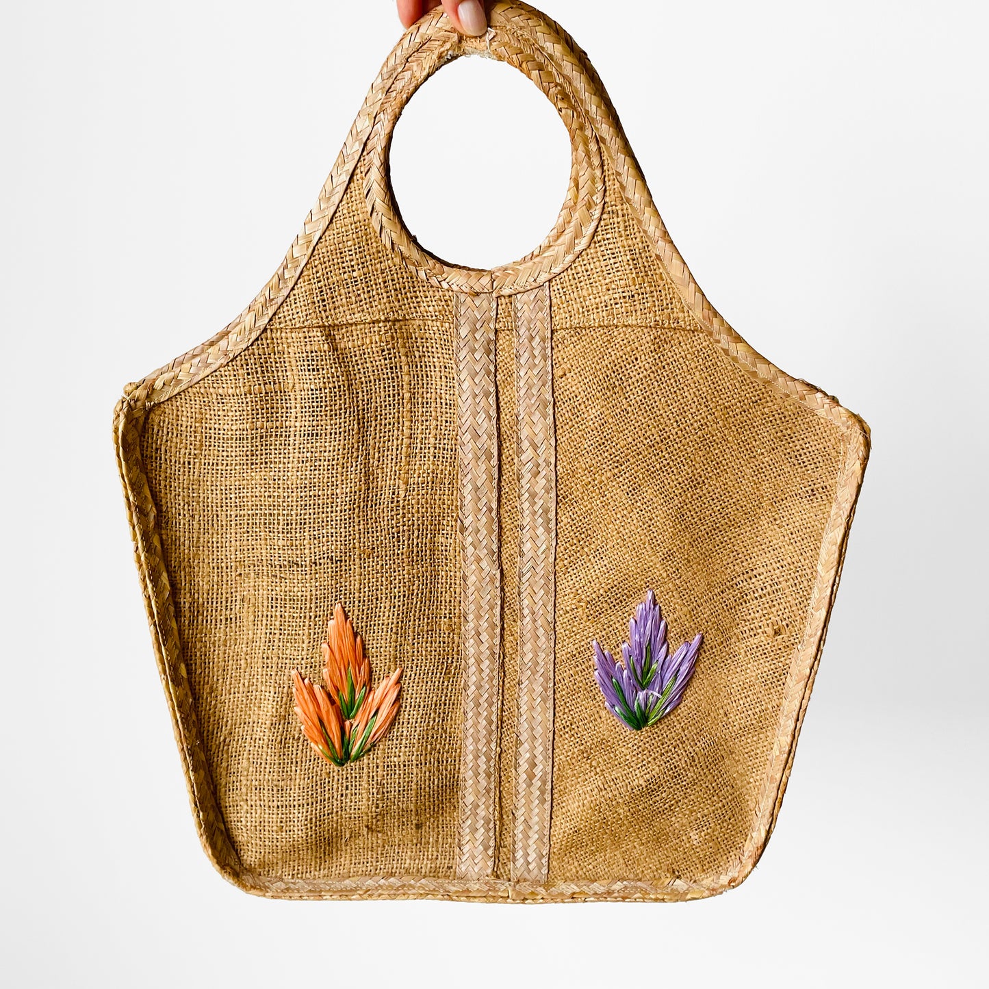 1960s Mid-Century Floral Woven Straw Top-Handle Basket Tote Bag