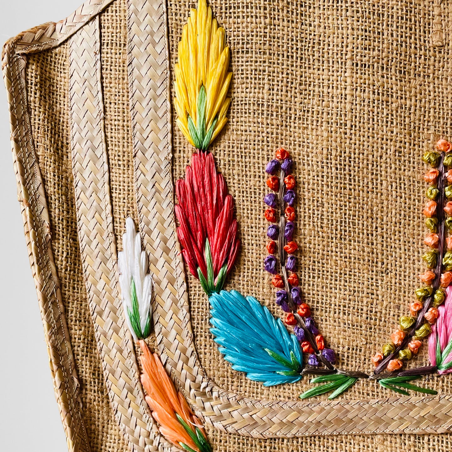 1960s Mid-Century Floral Woven Straw Top-Handle Basket Tote Bag