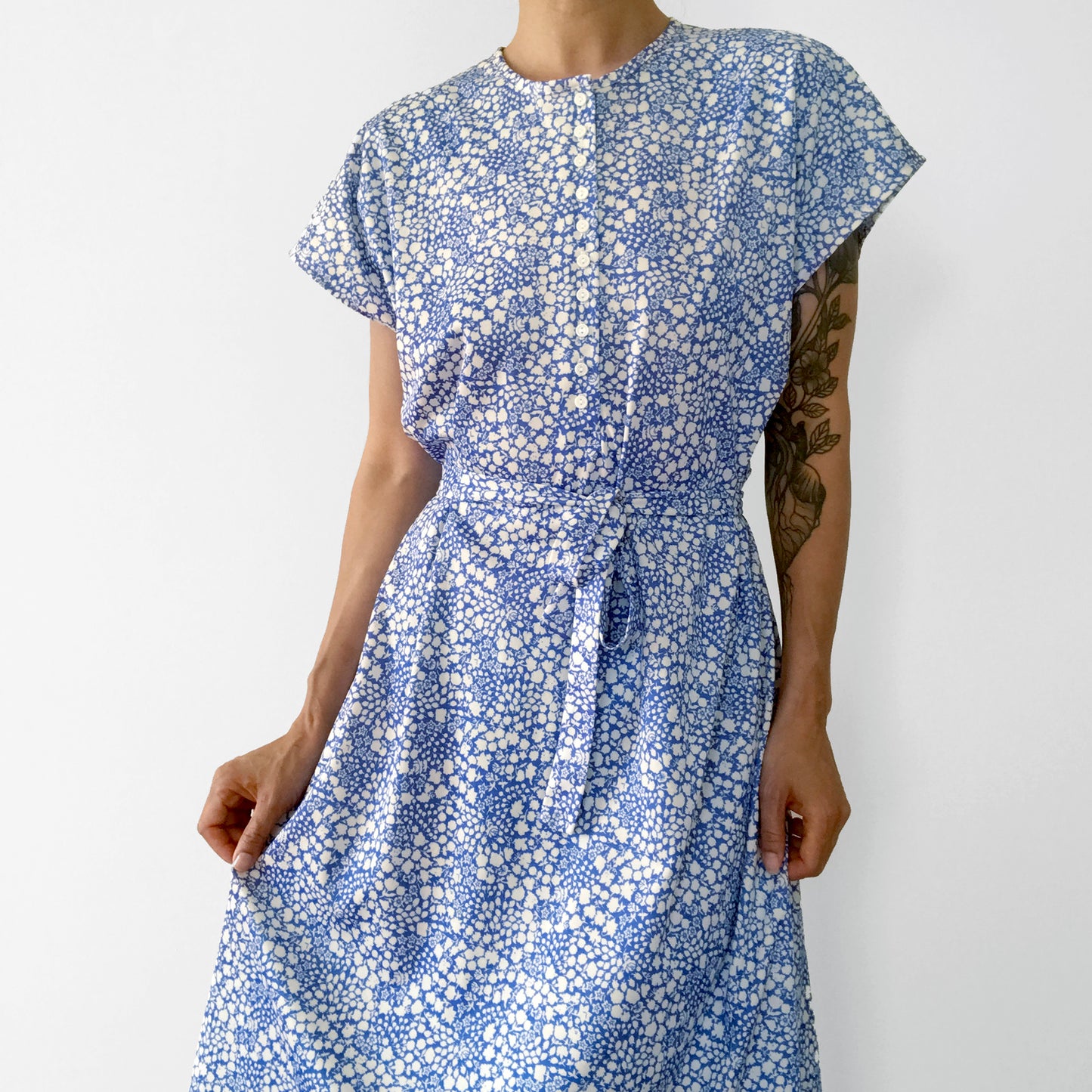 Handmade Blue and White Floral Button-Front Belted Dress