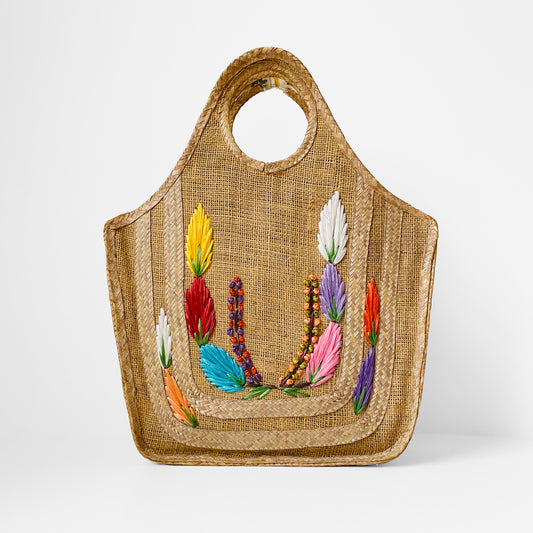 1960s Mid-Century Floral Woven Straw Top-Handle Basket Tote Bag