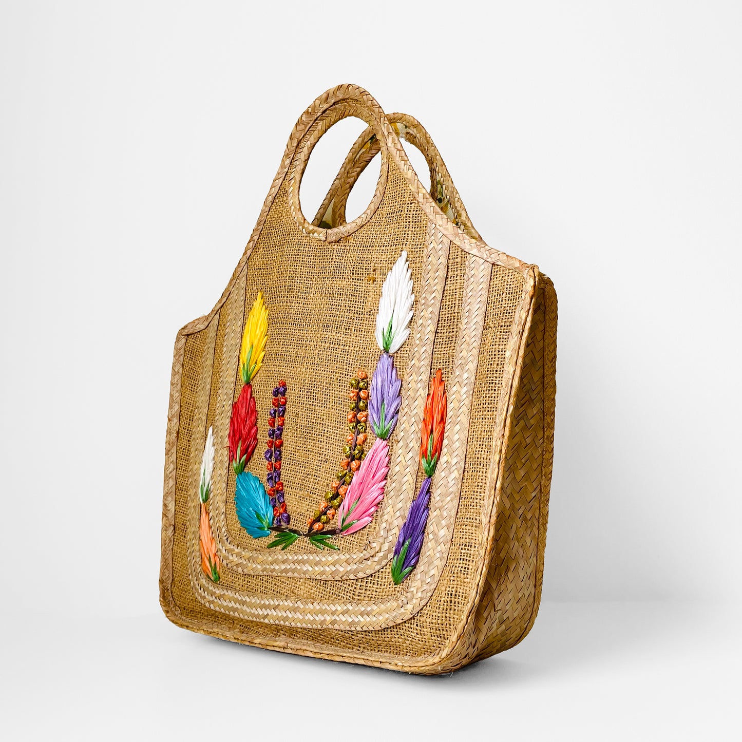 1960s Mid-Century Floral Woven Straw Top-Handle Basket Tote Bag