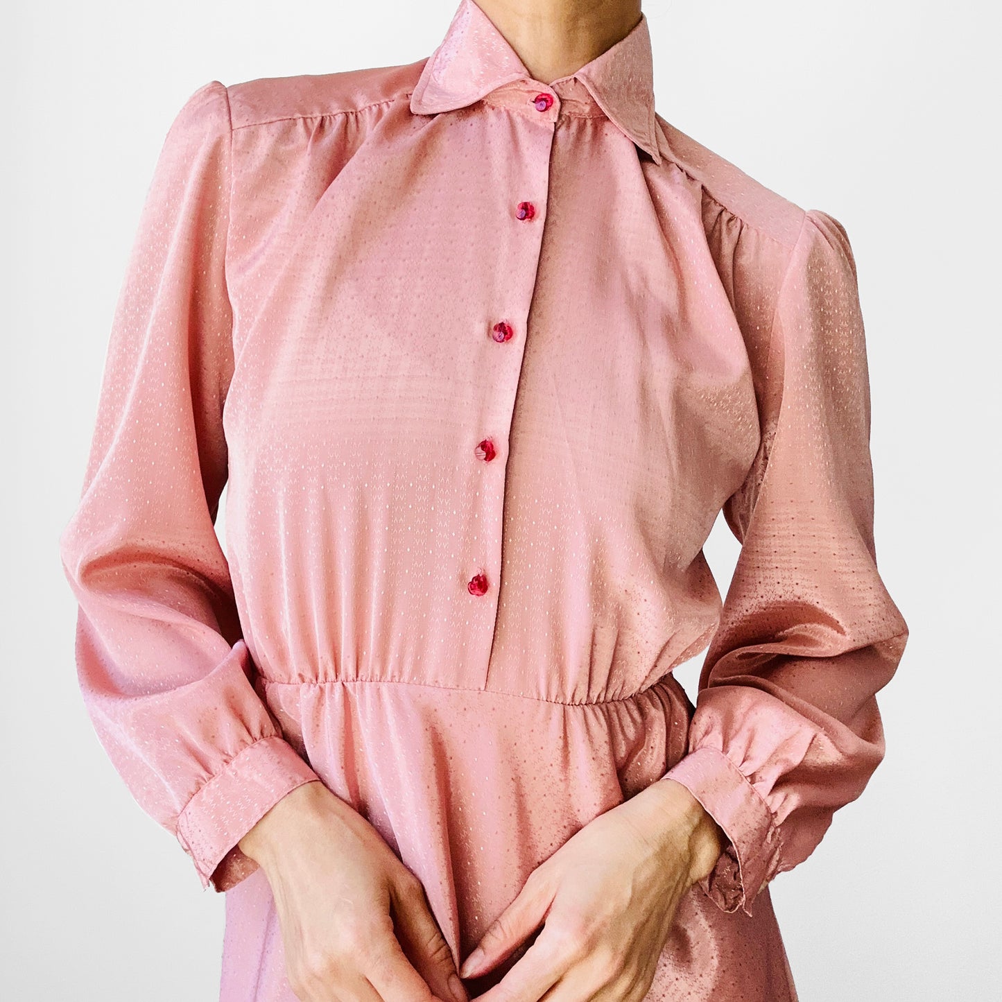 1970s Dusty Rose Tone-On-Tone Patterned Button-Front Long Sleeve Knee-Length Dress - XS/S