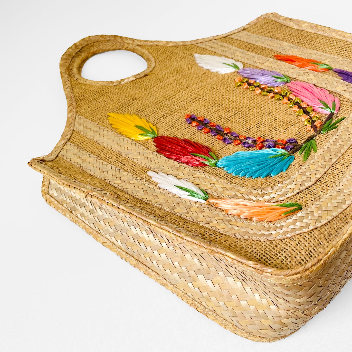 1960s Mid-Century Floral Woven Straw Top-Handle Basket Tote Bag