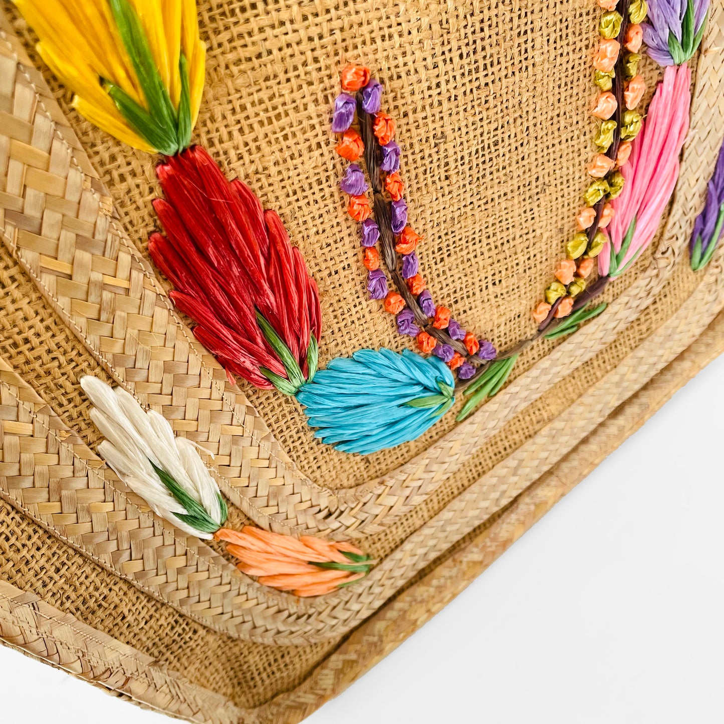 1960s Mid-Century Floral Woven Straw Top-Handle Basket Tote Bag