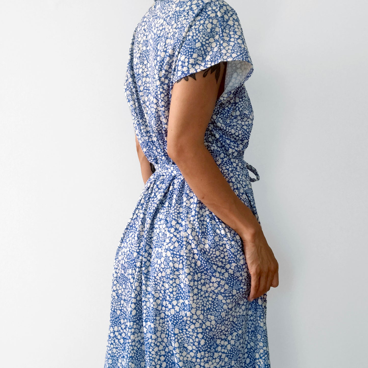 Handmade Blue and White Floral Button-Front Belted Dress