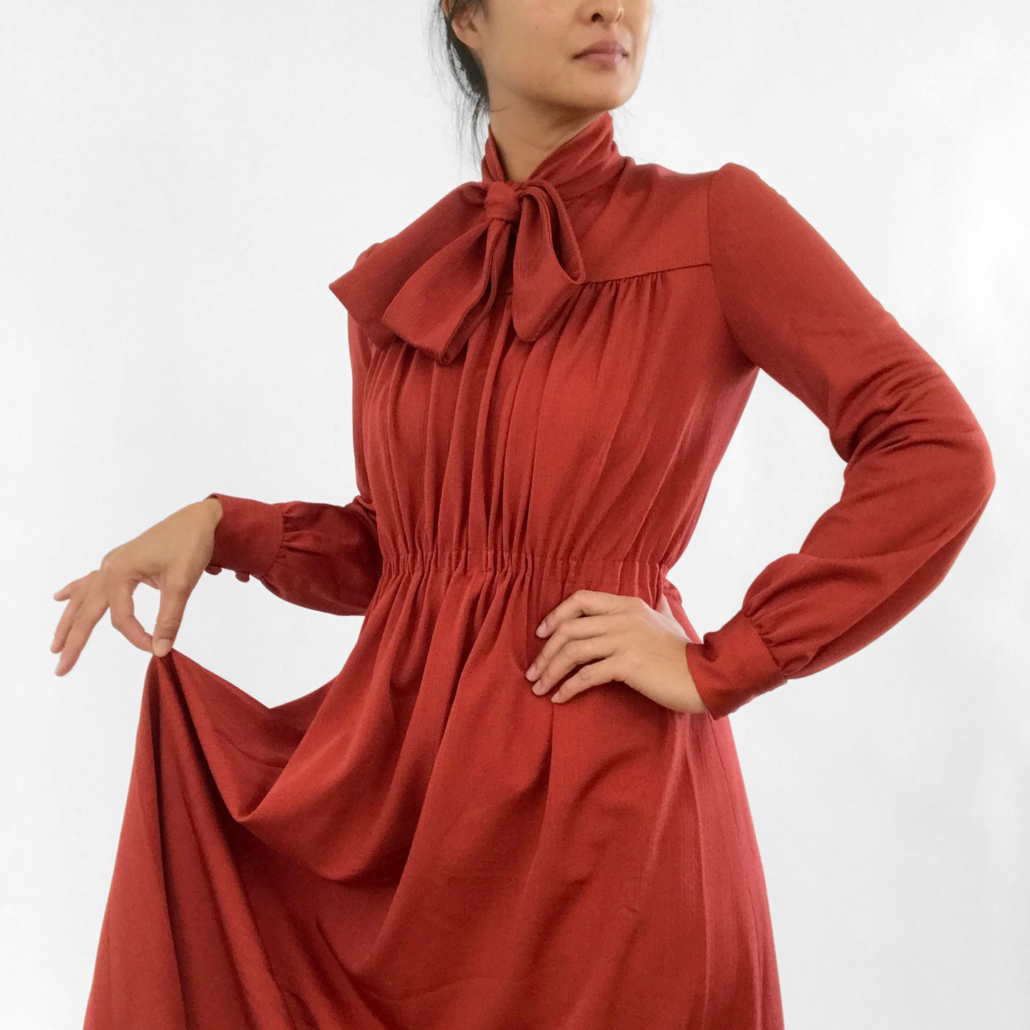 1970s Brick Red Tied-Neck Pleated Knee-Length Fit and Flare Dress