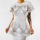 1980s Made in the USA Chiffon-White Eyelet Lace Floral Embroidered Peplum Knee-Length Dress