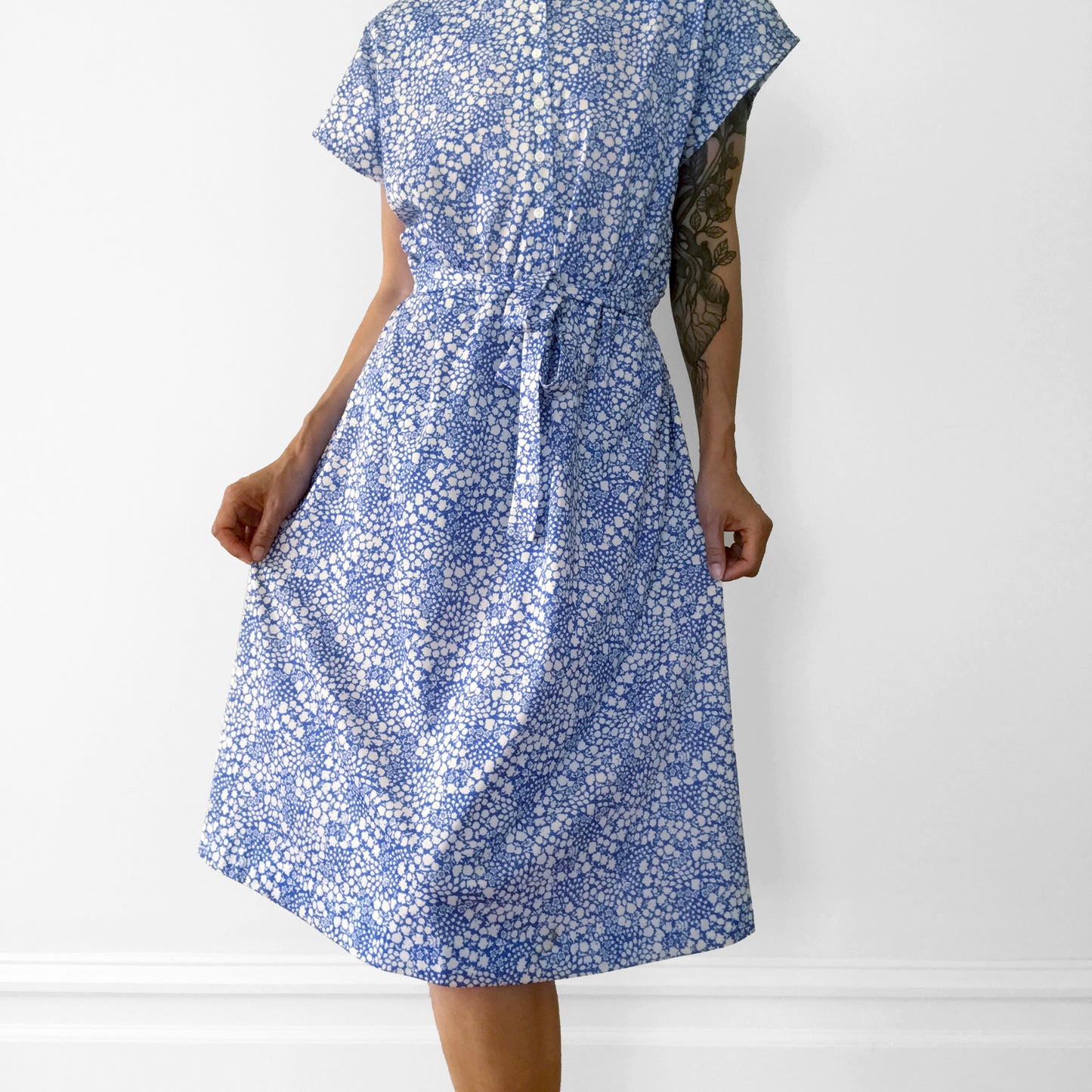 Handmade Blue and White Floral Button-Front Belted Dress