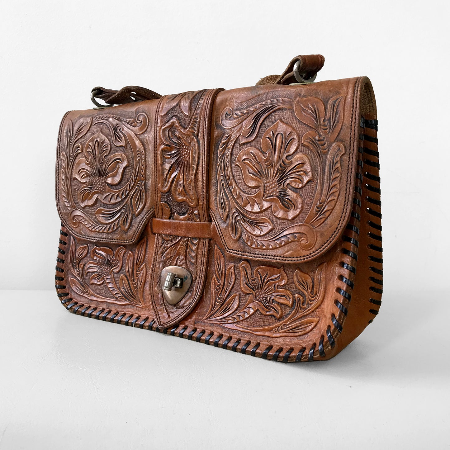 1940s Brown Tooled-Leather Handbag