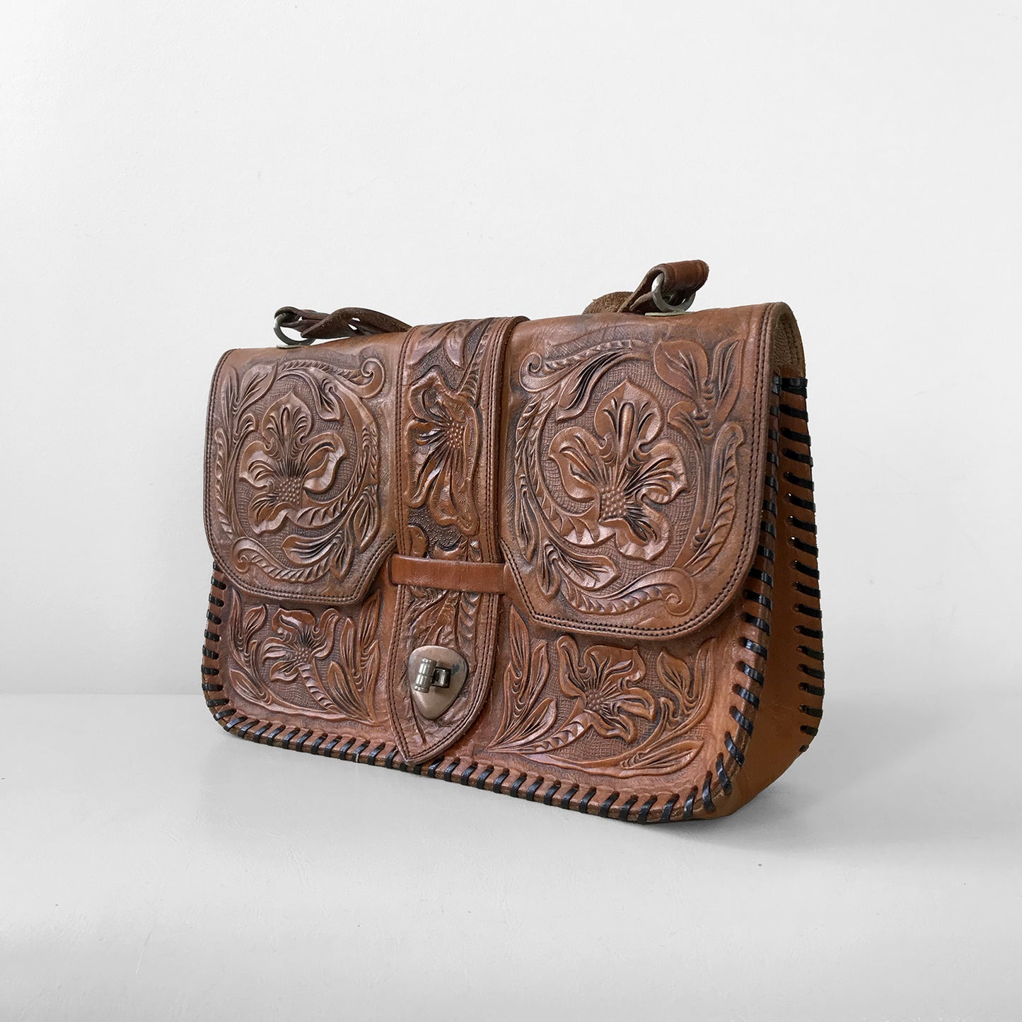 1940s Brown Tooled-Leather Handbag