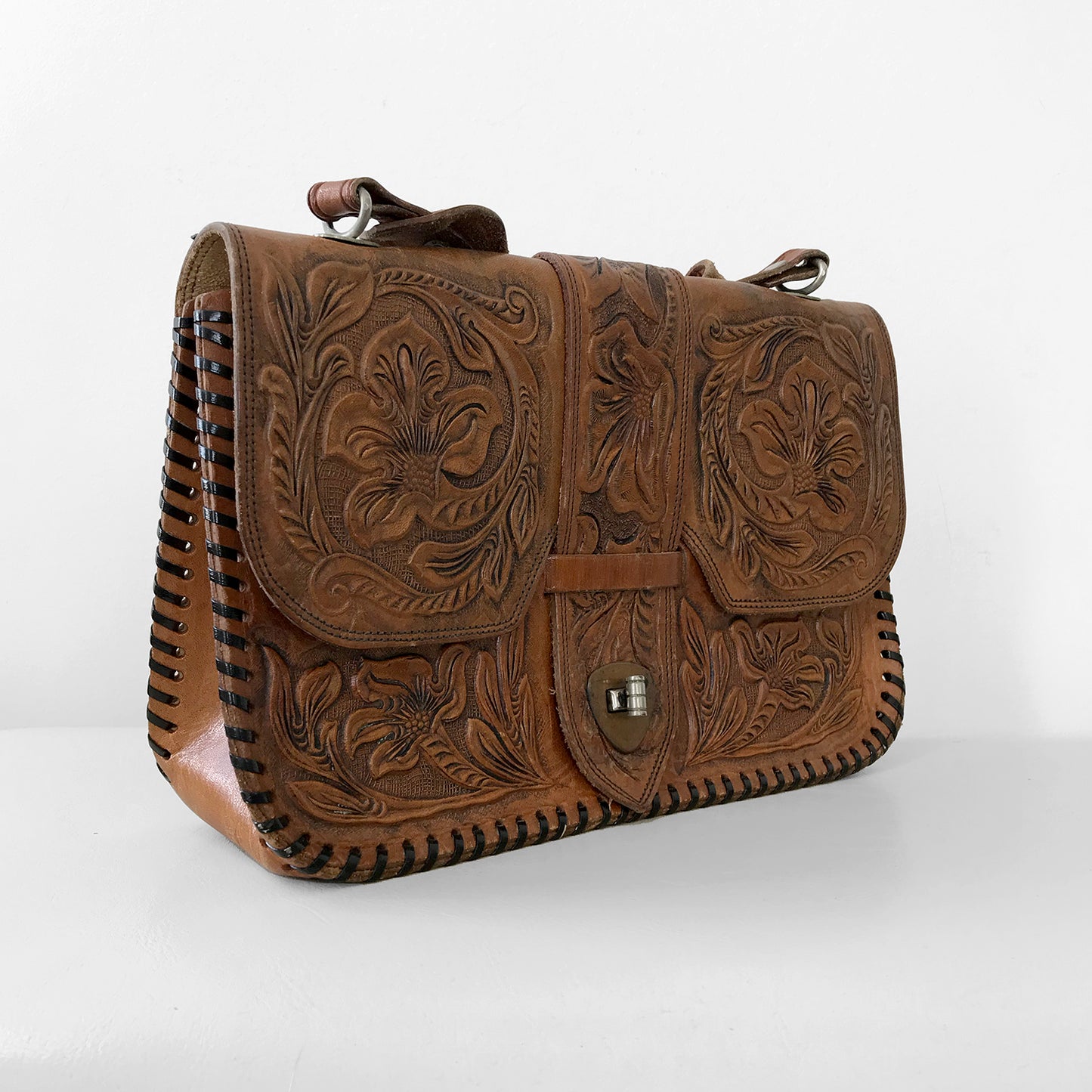 1940s Brown Tooled-Leather Handbag