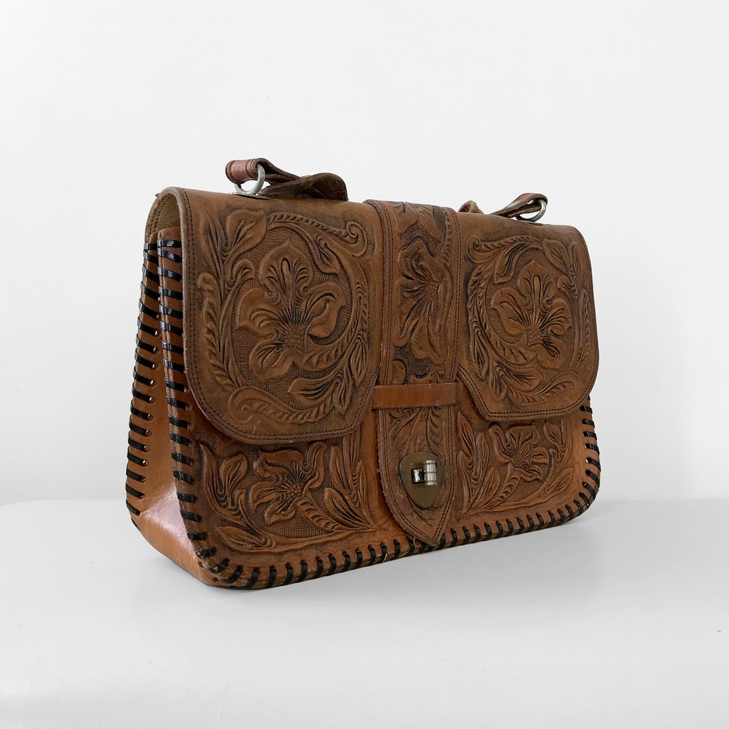 1940s Brown Tooled-Leather Handbag