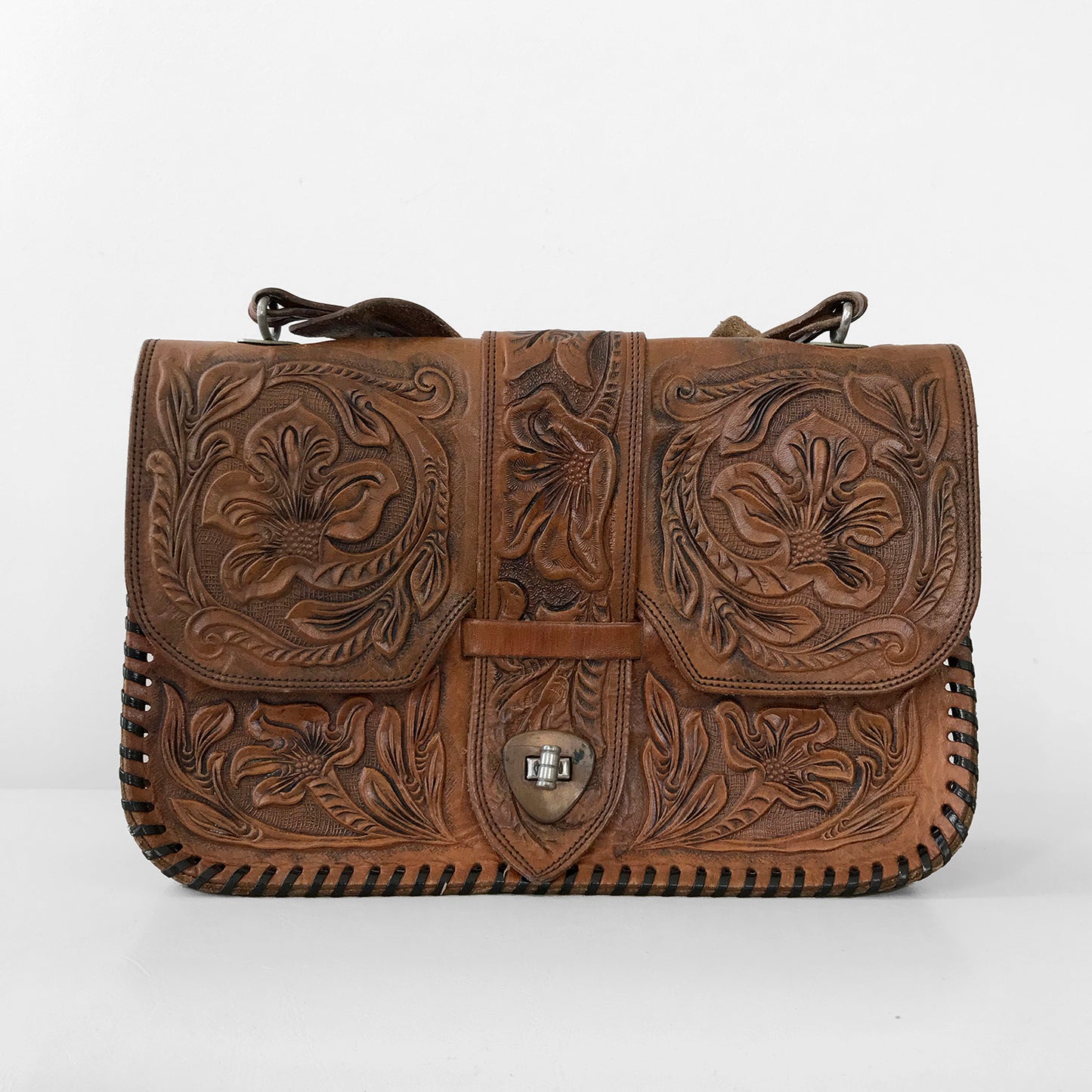 1940s Brown Tooled-Leather Handbag