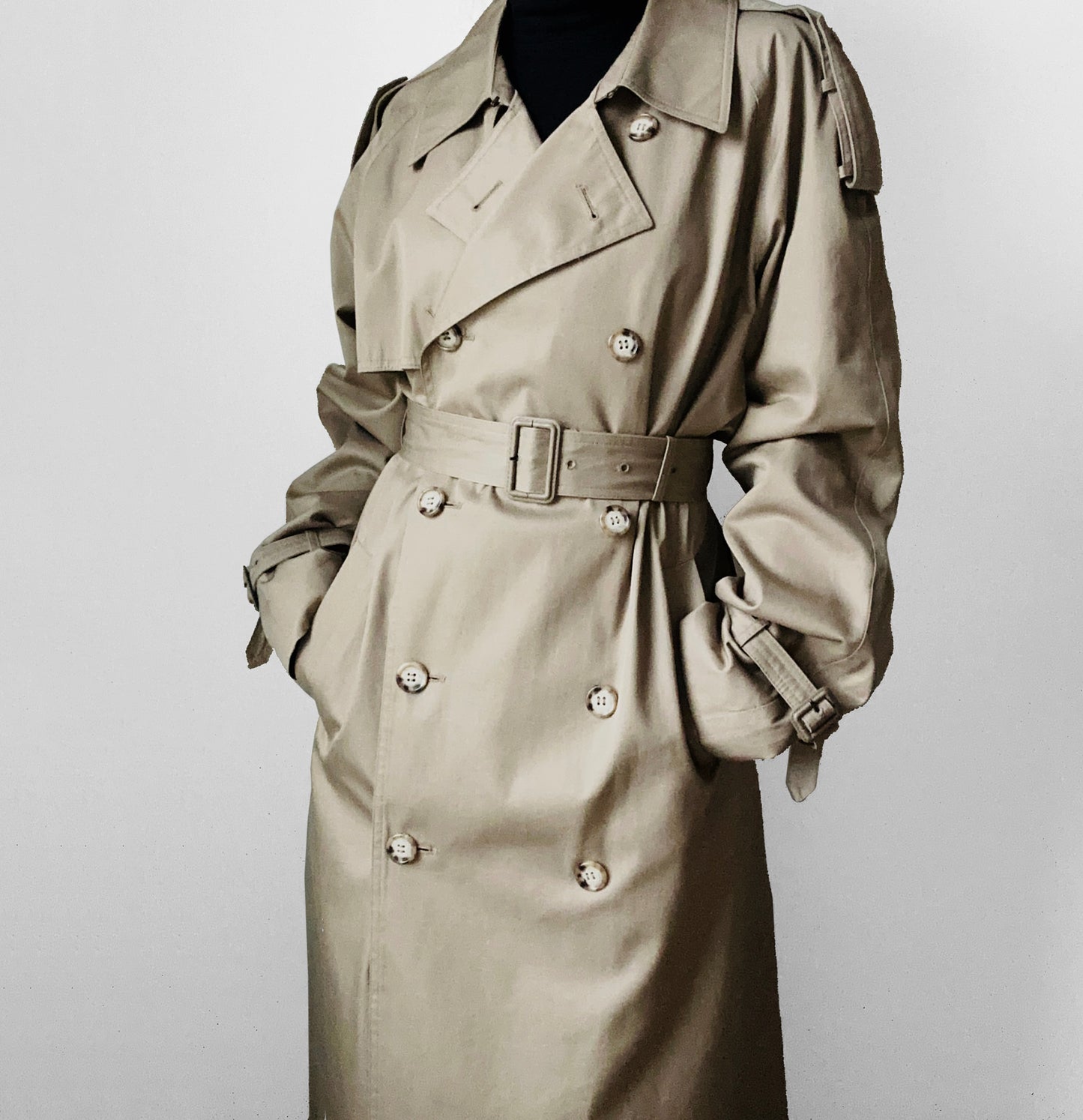 1970s - 1980s Tan Beige YSLR Yves Saint Laurent Double-Breasted Belted Trench Coat - 42/Tall