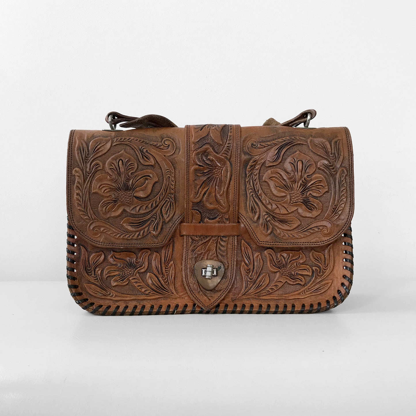 1940s Brown Tooled-Leather Handbag