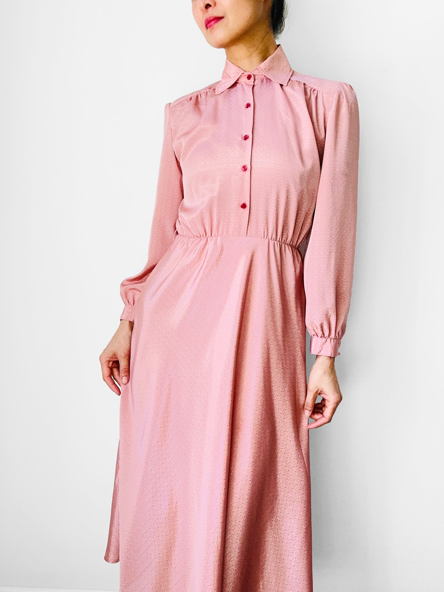 1970s Dusty Rose Tone-On-Tone Patterned Button-Front Long Sleeve Knee-Length Dress - XS/S