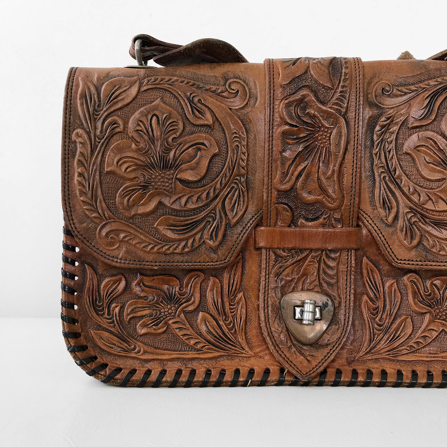 1940s Brown Tooled-Leather Handbag