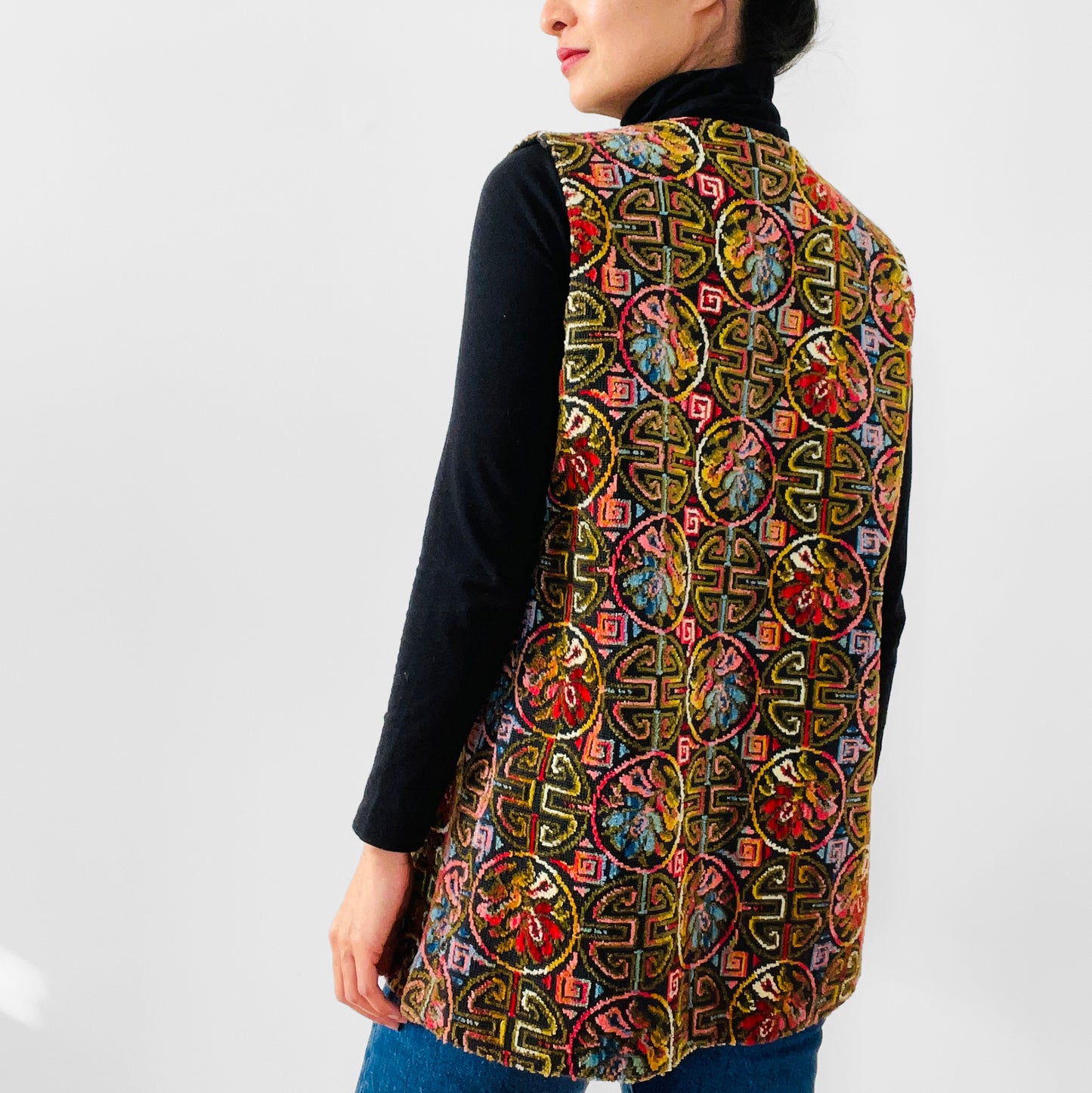 1960s - 1970s Woven Floral Open-Front Carpet Vest